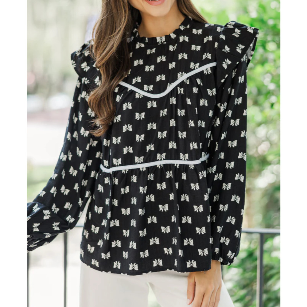 Lovelo black and white bow print ruffled top Size 2XL Coquette Feminine Romantic